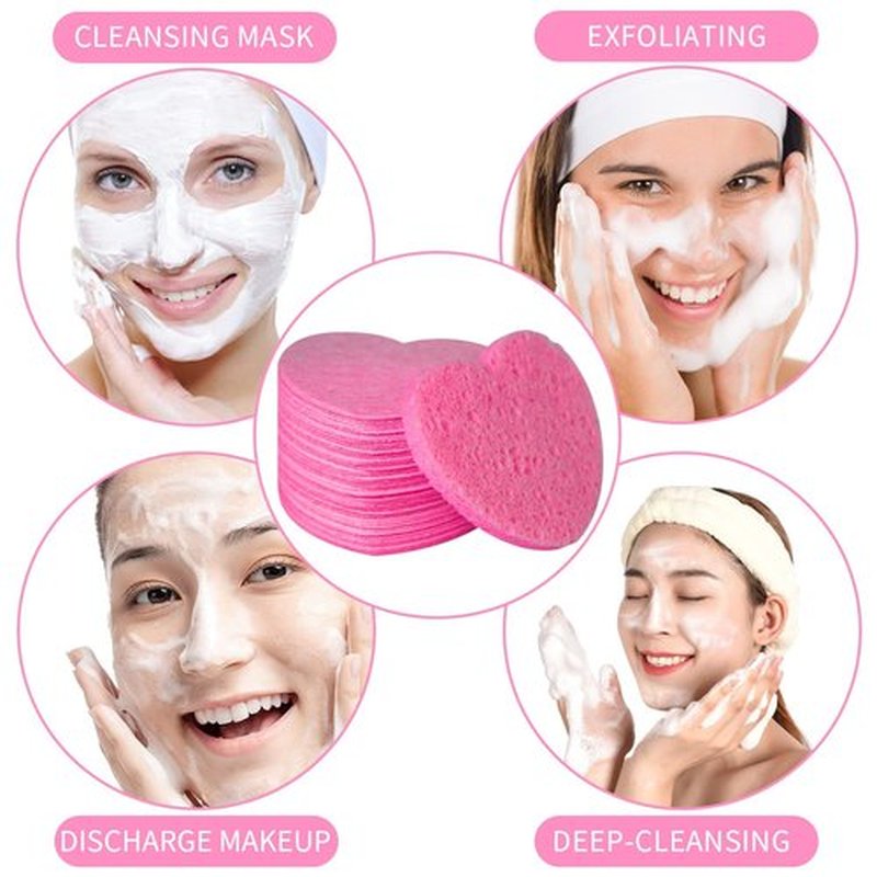 100-Count Compressed Facial Sponges for Estheticians Heart Shape Natural Cellulose Sponge Professional Cosmetic Spa Sponges for Face Cleansing, Massage, Pore Exfoliating, Mask, Makeup Removal, Pink