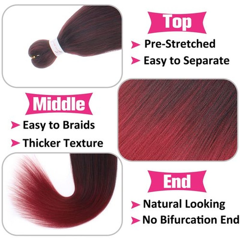 Unionbeauty 30 Inch 8 Packs Pre Streched Braiding Hair Long Ombre Burgundy Braiding Hair for Box Braids Crochet Hair Hot Water Setting Yaki Texture Synthetic Crochet Braid Hair Extension (1B900#)