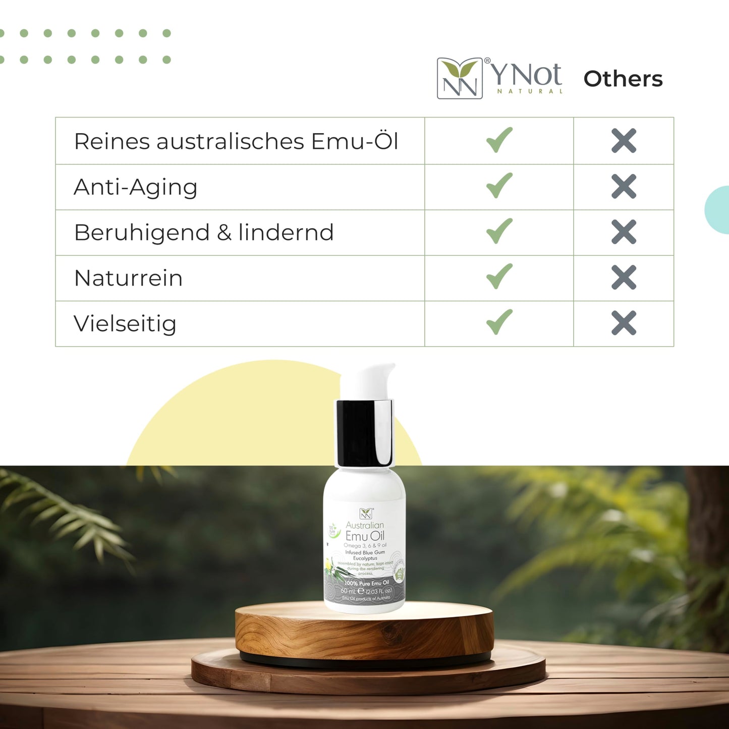 Y Not Natural Pure Emu Oil - Organic Moisture for Face, Body, Hair, Scalp & Nails - Rich in Omega 3-6-9, Vitamins & Essential Minerals - Australian Emu Oil (60ml) 2.03 fl oz - Eucalyptus