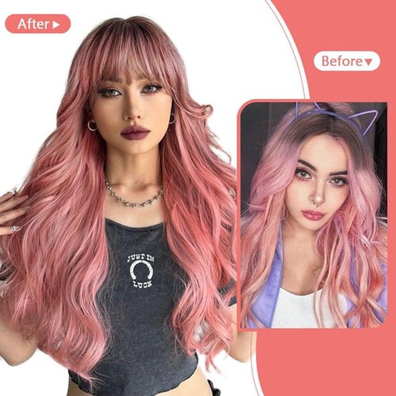 UNNYMGER Pink Wig with Bangs Long curly wavy Wig for Women Powder wig with Natural Black root wig skin-friendly synthetic fibersc for festival holiday Use 26IN