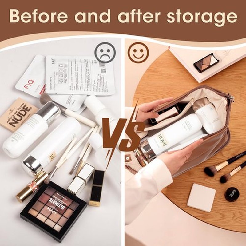 Abiudeng Large Makeup Bag,Waterproof Cosmetic Bag,Make up Travel Bag Essentials,Cute Travel Toiletry Bag for Women Makeup Bag Organizer with Bottom Pouch,Travel Size Toiletries Bag for Women Brown