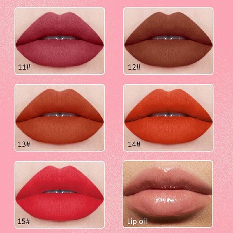 JUAAZIN 5Pcs Matte Liquid Lip Sticks + 1Pcs Liquid Lip Oil Set, Wine Dark Brown Sienna Firebrick Mordant Red Lipstick Set, Rich Colors Long-Lasting Wear Not Fade Waterproof Lip Gloss(set3