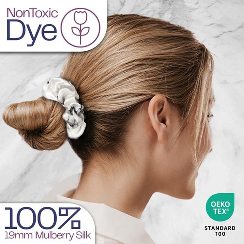 Celestial Silk Mulberry Silk Scrunchies for Hair (Black Marble, White Marble, Black)
