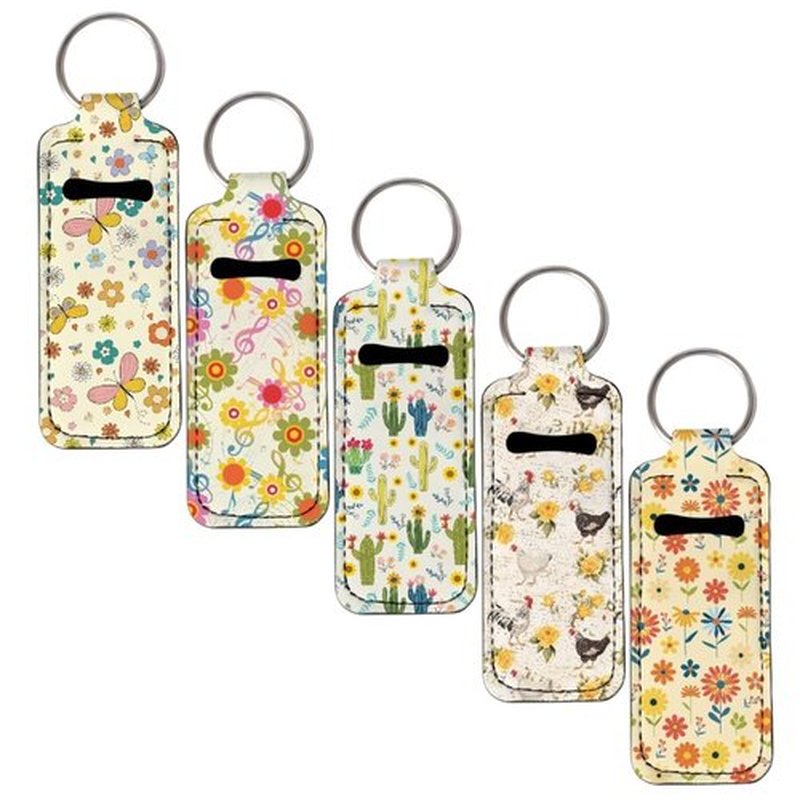 SEANATIVE Butterfly Floral 5 PCS Chapstick Holder Keychain Clip-on Sleeve Chapstick Pouch Neoprene Keychains Lipstick Holder Lip Balm Holster Keychain Holder for Chapstick Tracker