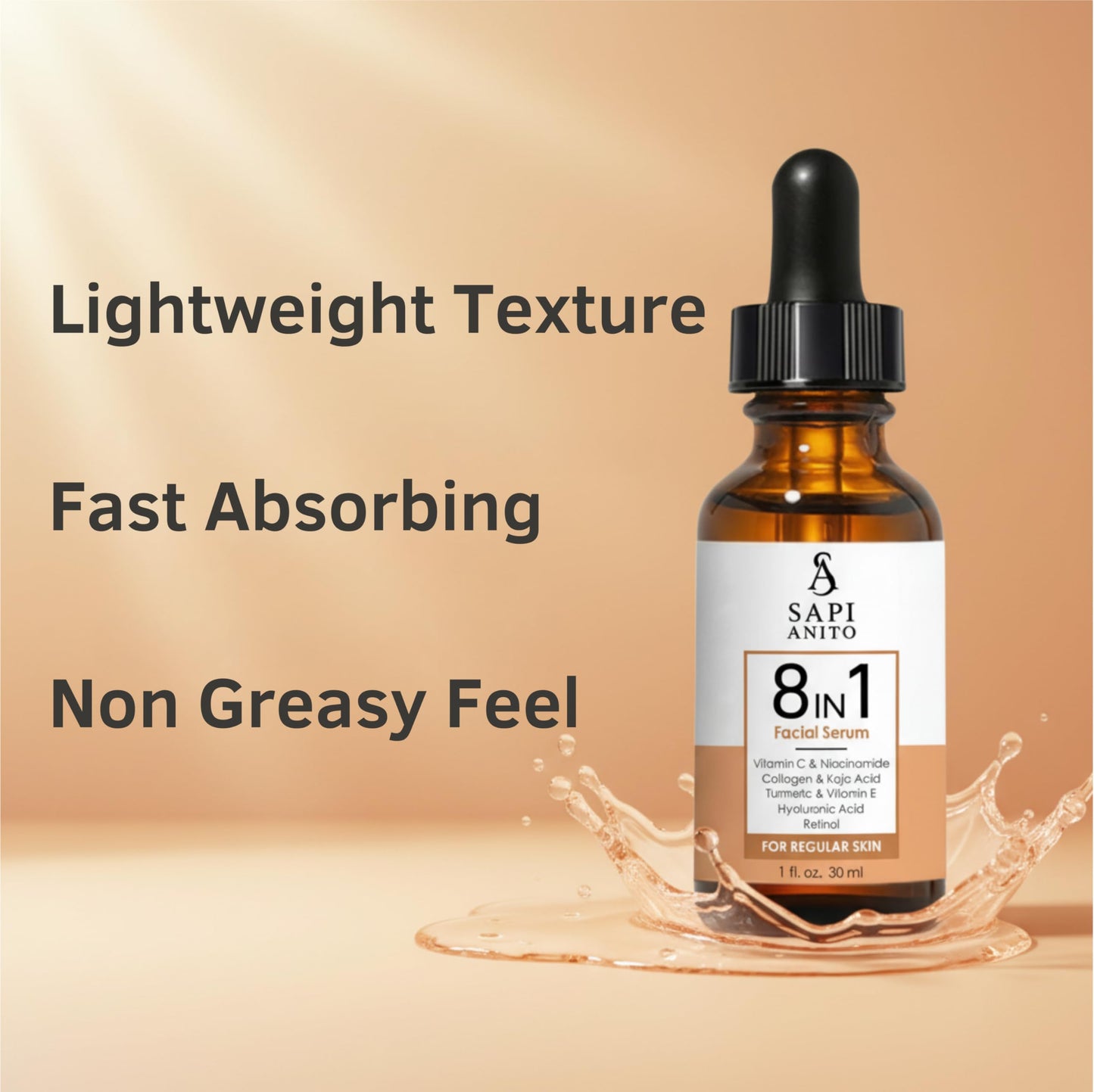 Sapi Anito 8-in-1 Facial Serum for Regular Skin, 1 fl oz (30 ml) – Vitamin C, Niacinamide, Hyaluronic Acid, Retinol, Kojic Acid, Turmeric, Vitamin E & Collagen