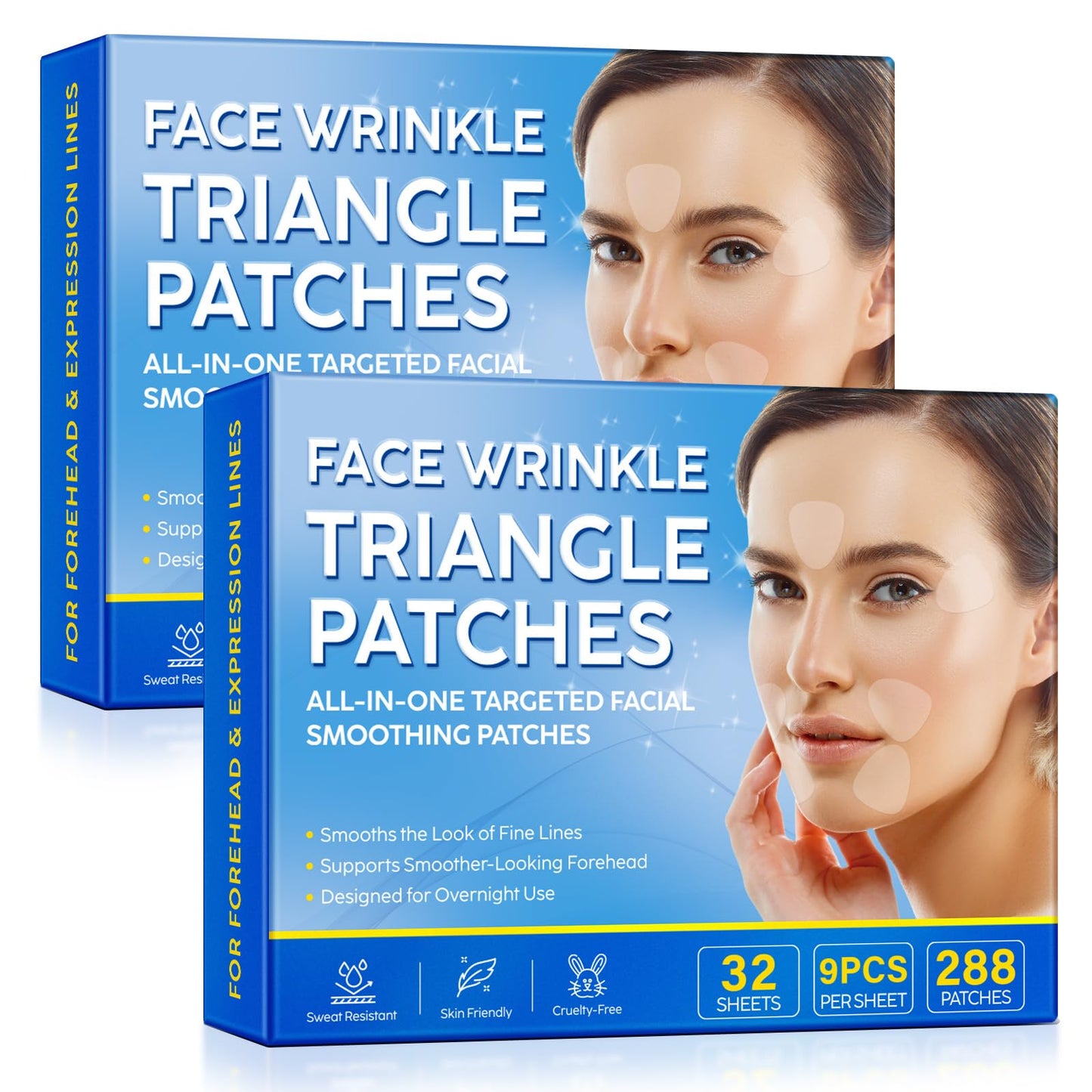 Forehead Wrinkle Patches, Anti-Wrinkle Face Triangle Patches 288 pcs*2 – Overnight Forehead & Expression Line Smoothing Patches – Frown, Smile & Marionette Lines – Reusable, Latex-Free & Skin Friendly