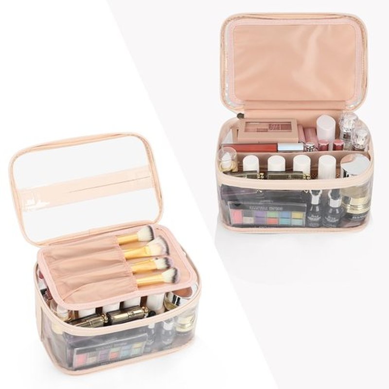 OCHEAL Makeup Bag, Clear Makeup Organizer Bag Portable Cosmetic Bag, Cute Transparent Makeup Case For Women and Girls traveling Storage with zipper Divider Brush Compartment-Clear Beige white