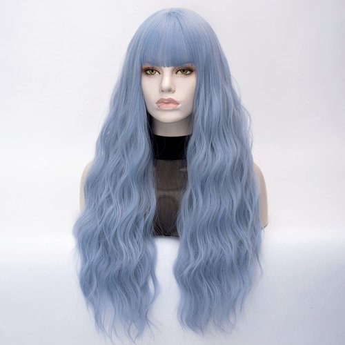 QACCF Long Blue Wig Women Long Wavy Pelucas Fluffy Curly Women Synthetic Fiber Realistic Fun Bang Light Blue Colorful Girls Wig (Blue)