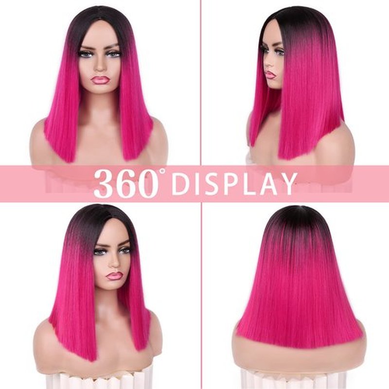 HANNE Ombre Hot Pink Wig Straitht Hair Bob Wig Short Straight Hair Pink Ombre Wig for Women Shoulder Length Heat Rsistant Synthetic Bob Wig for Daily or Party Use (Black to Pink)