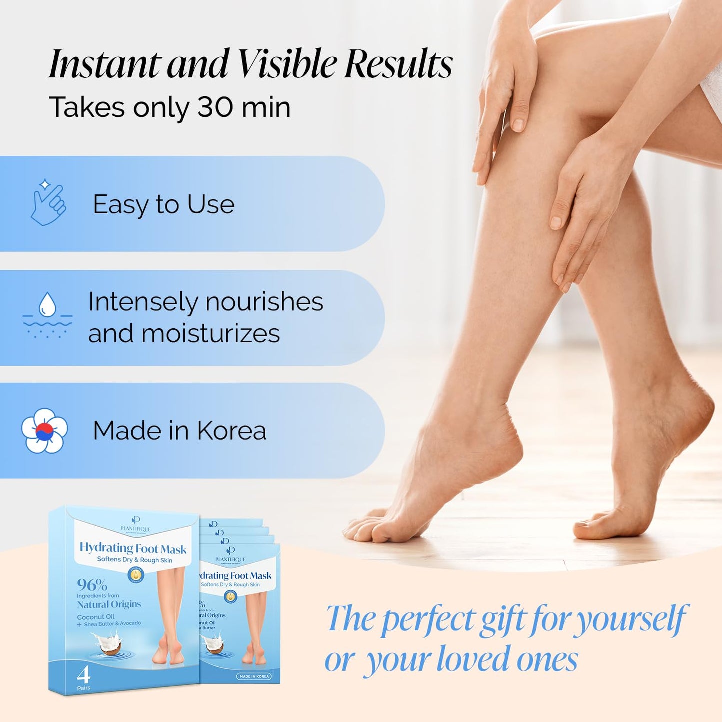 PLANTIFIQUE Korean Hydrating Foot Mask for Dry Cracked Feet, 4 Pairs & Box | Moisturizing Socks for Baby Soft Feet - Softens Heels with Coconut Oil, Shea Butter & Macadamia Seed Oil