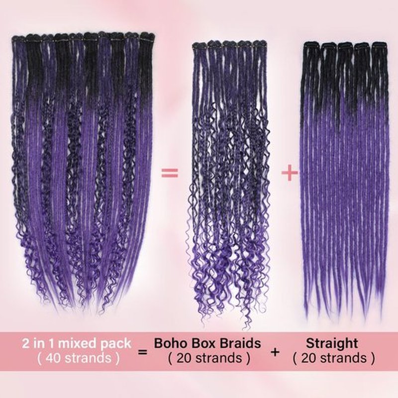 24 Inch Clip in Dreadlock Hair Extensions 10Clips 40 Strands Mixed Synthetic Dreads Extensions for Women,Handmade Soft Straight Boho Wavy Dreads,1B/Purple