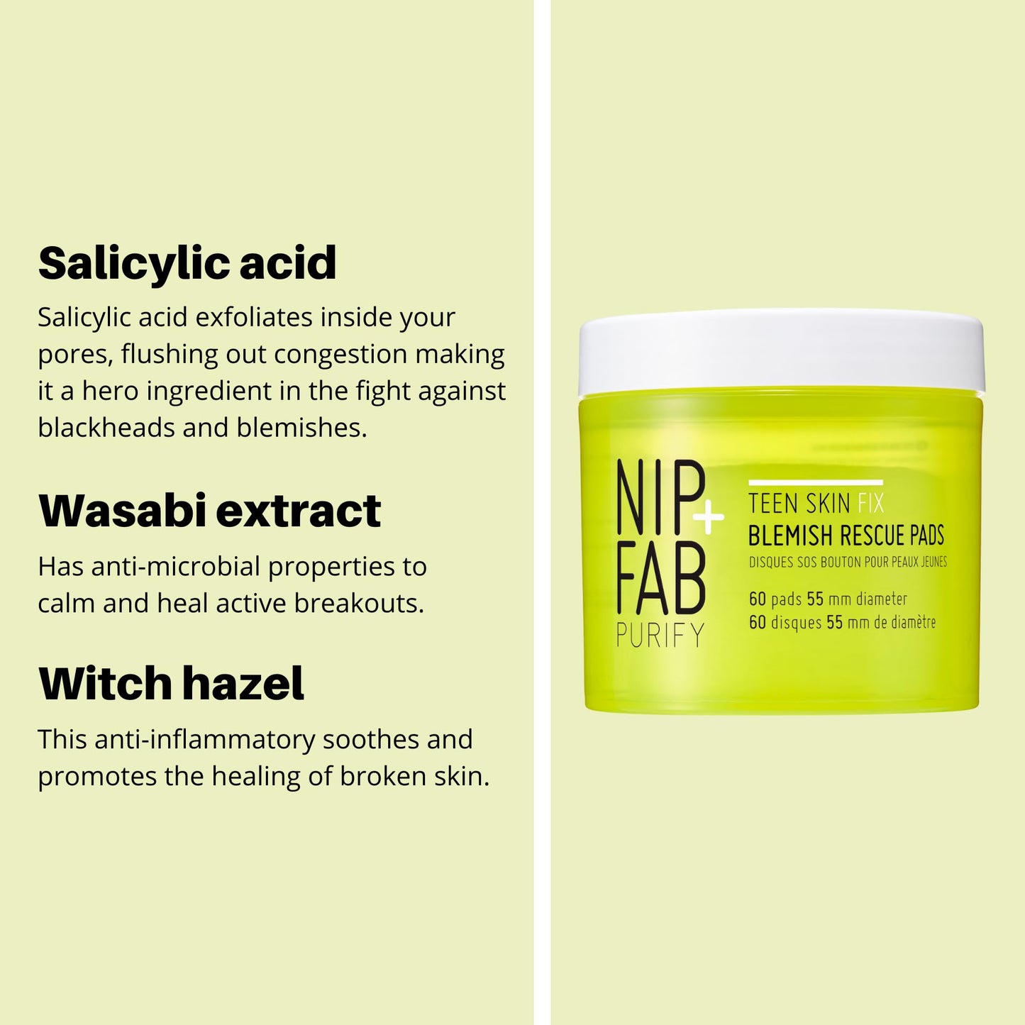 Nip + Fab Teen Skin Fix Zero Breakout Rescue Face Pads with Salicylic Acid, Witch Hazel and Antioxidant Wasabi Extract, BHA Facial Pad for Cleansing Pores Prevent Breakouts Blemishes, 60 Count