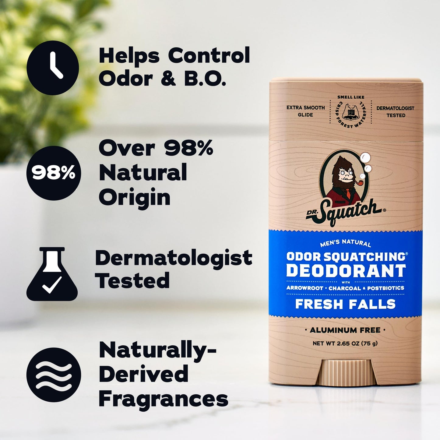 Dr. Squatch Natural Men’s Deodorant – Aluminum Free Natural Deodorant Men with Charcoal & Postbiotics for 72-Hour Odor Protection – Fresh Falls, 2.65oz Stick