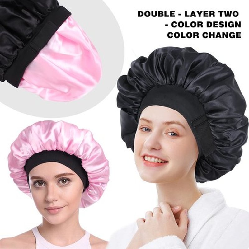 Silk Bonnet for Sleeping Double Layer Satin Bonnet Adjustable Bonnets for Black Women Sleep Cap Reversible Hair Bonnet for Curly Hair (Black and Pink)