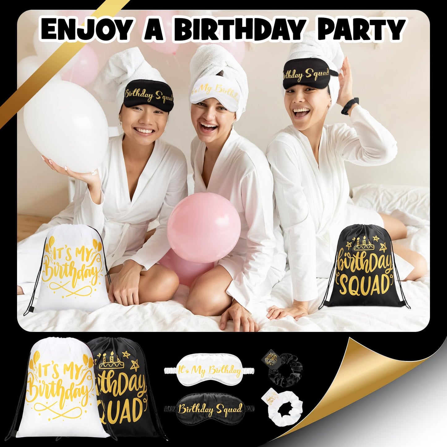 Bunnycool 18 Pcs Birthday Squad Party Favors with 6 Squad Drawstring Bag 6 Satin Eye Mask Satin 6 Hair Scrunchies Spa Birthday Party Favor for Queen Women 20th 30th 40th 50th 60th Decoration(Black)