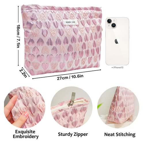 STARDW Cute Pink Makeup Bag Cosmetic Bags for Women and Girls,Travel Makeup Bag Large Capacity Canvas Makeup Bag,Makeup Organizer Bag Zipper Pouch (Pink Heart)