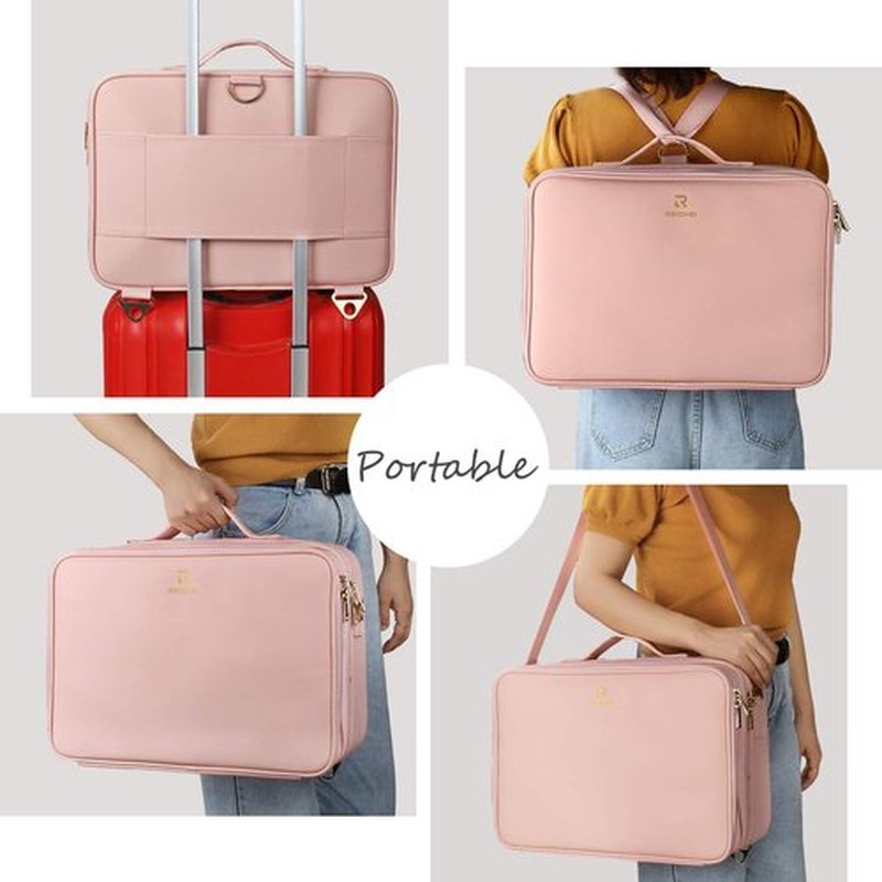 Relavel Makeup Case Large Makeup Bag Professional Train Case 16.5 inches Travel Cosmetic Organizer Brush Holder Waterproof Makeup Artist Storage Box, 3 Layer Large with Adjustable Strap (Pink)