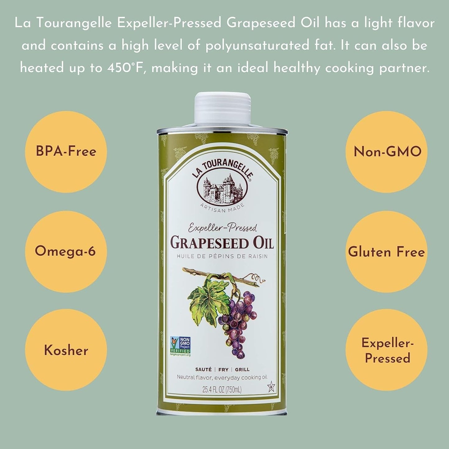 La Tourangelle, Expeller-Pressed Grapeseed Oil, High Heat Neutral Cooking Oil, Cast Iron Seasoning, Also Great for Skin, Hair, and DIY Beauty Recipes, 16.9 fl oz (Pack of 2)