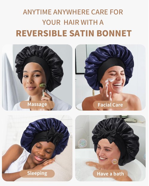 Satin Bonnet for Women Silk Bonnets for Sleeping Curly Hair Bonnet with Elastic Tie Band Reversible Double Layer Sleep Cap Hair Wrap (Black + Dark Blue)