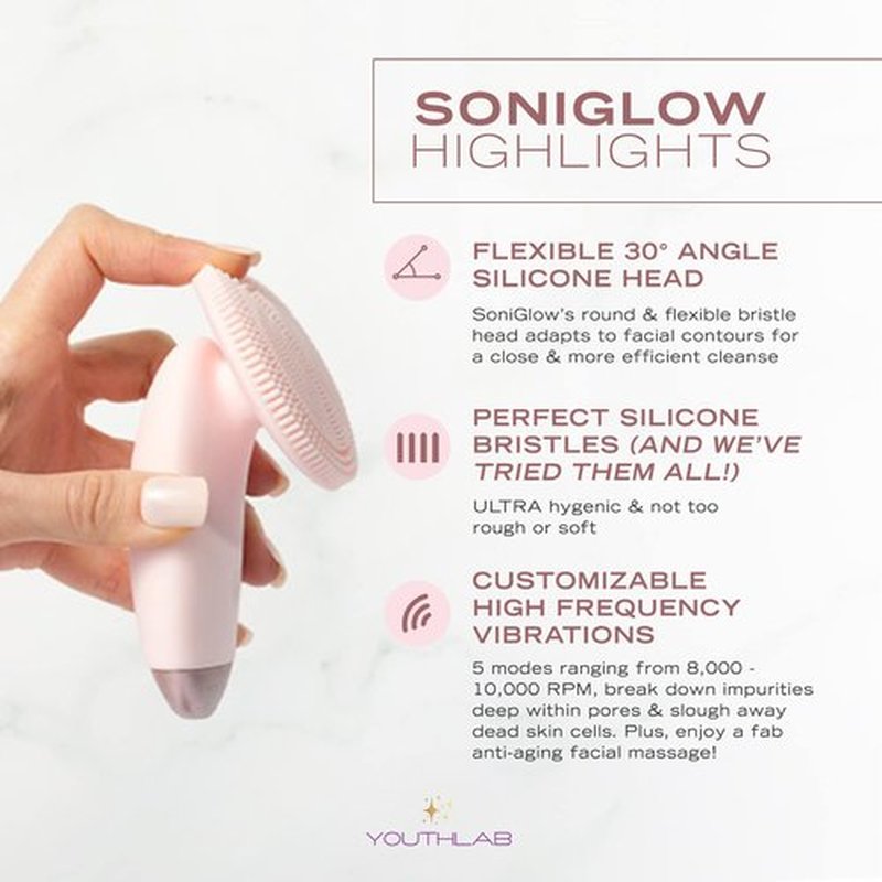 YouthLab SoniGlow, Pink, Silicone Facial Skin Cleansing Brush, Electric, Vibrating, Scrubber, Hygienic, Exfoliation, Massage, Firm, Tone, Blackheads, Pores, Waterproof, Rechargeable, Makeup Removal