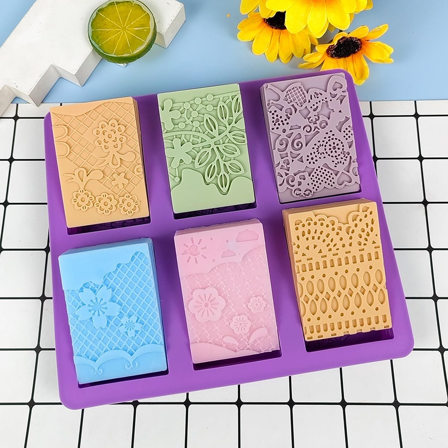 Silicone Soap Mold 6 Cavities Rectangle Flower Soap Molds for Homemade Craft Lotion, Cake, Ice Cube(Size 3.15 x 2.17inch)