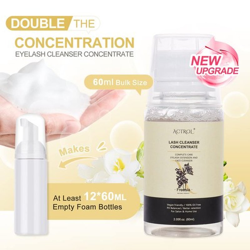 ACTROL Eyelash Cleanser Concentrate 60ml Freesia Professional Lash Shampoo Foaming Cleanser DIY Non-lrritating Wash for Extensions Lashes with Salon Home Care-Makes 12 Bottles
