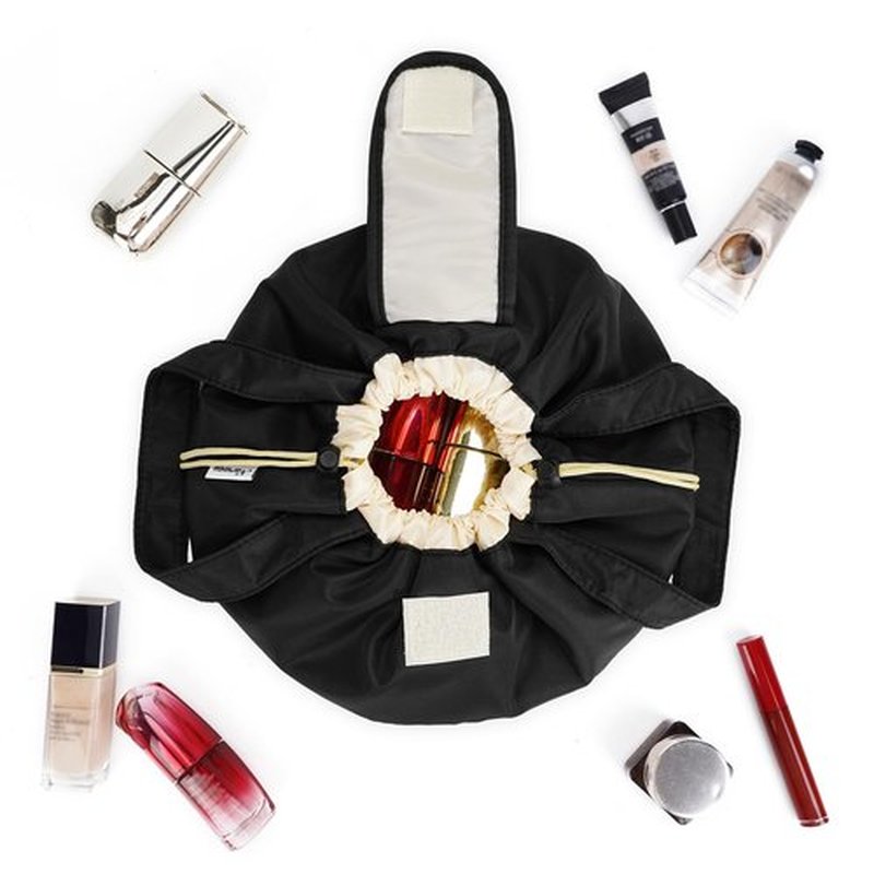 Barrel Drawstring Makeup Bag Large Cosmetic Bag Make up Bags Women Toiletry Organizer for Travel Toiletries Accessories Essentials (Black) (Patent)