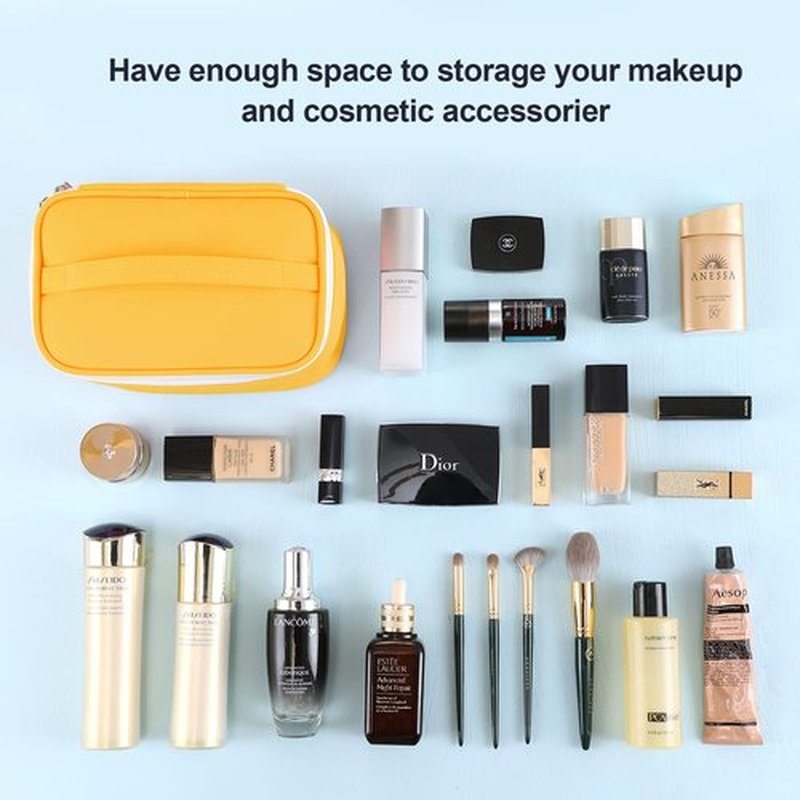 Makeup Bag Portable Travel Cosmetic Bag for Women, Beauty Zipper Makeup Organizer PU Leather Washable Waterproof (Yellow)