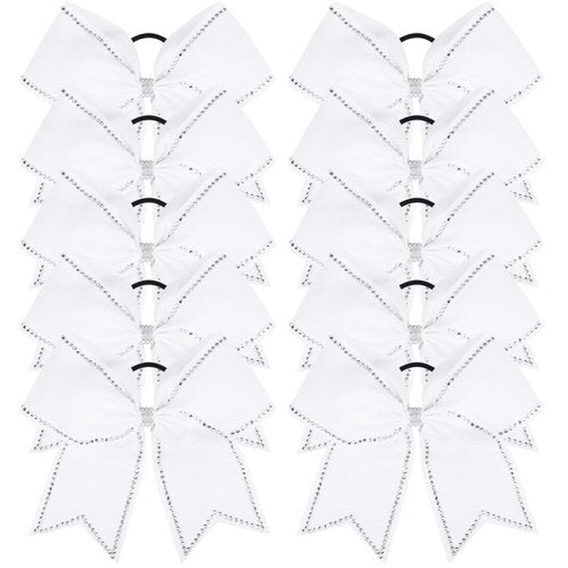 DEEKA 10 PCS 8" Rhinestones Large Cheer Hair Bows Glitter Cheer Ponytail Holder Handmade for Teen Girls Softball Cheerleader Sports -White
