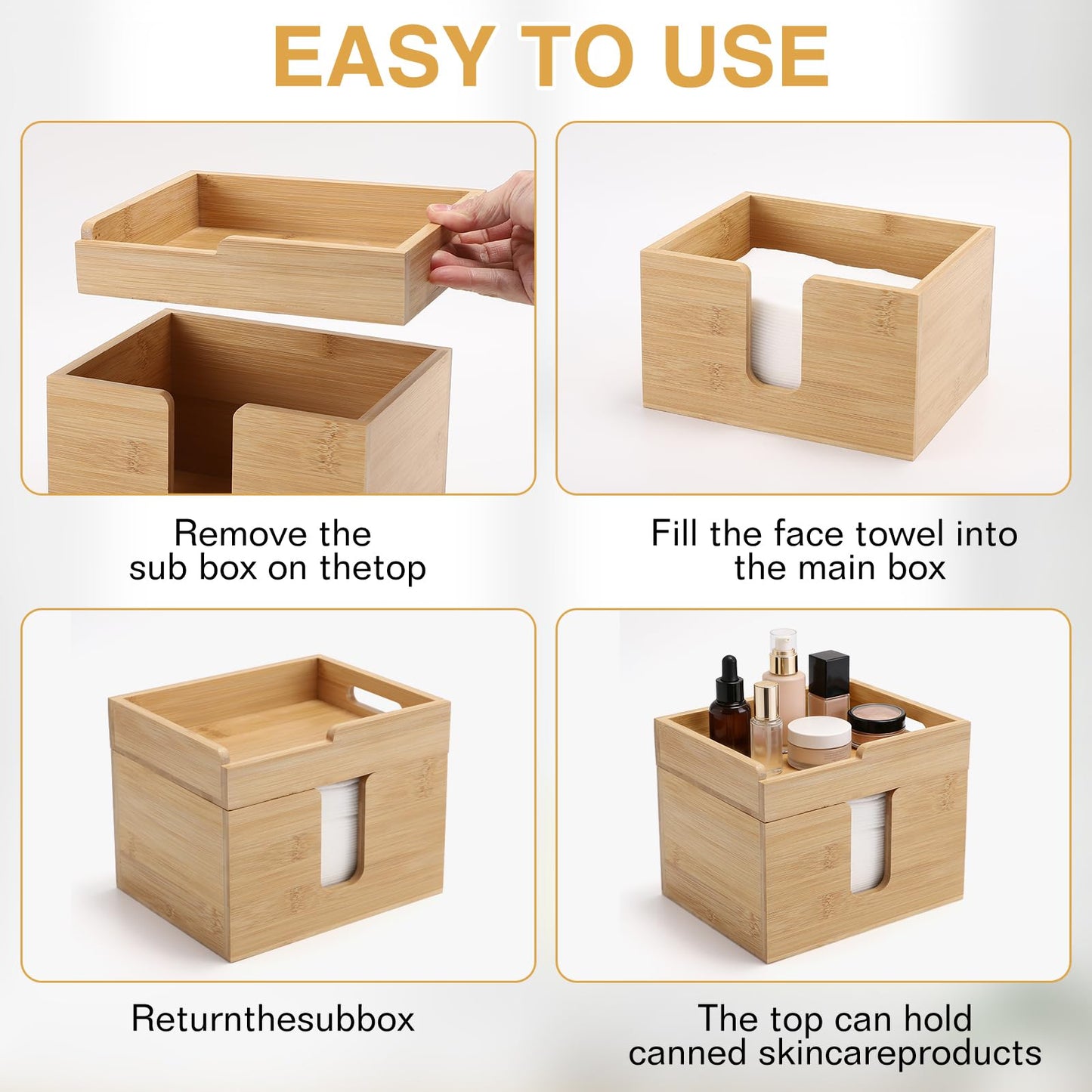 InnJoey Bamboo Face Towel Holder with 120 XL Towels - Open-Top Skincare Organizer for Facial Cleansing Wipes & Beauty Essentials - Bathroom Countertop Vanity Organizer