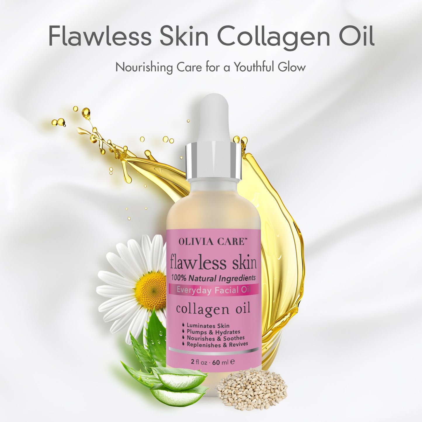 Olivia Care Flawless Essential Facial Oil 100% Natural. Nourishing, Plump, Reviving, Hydrating, Calming & Soothing. Stabilize & Retain Moisture