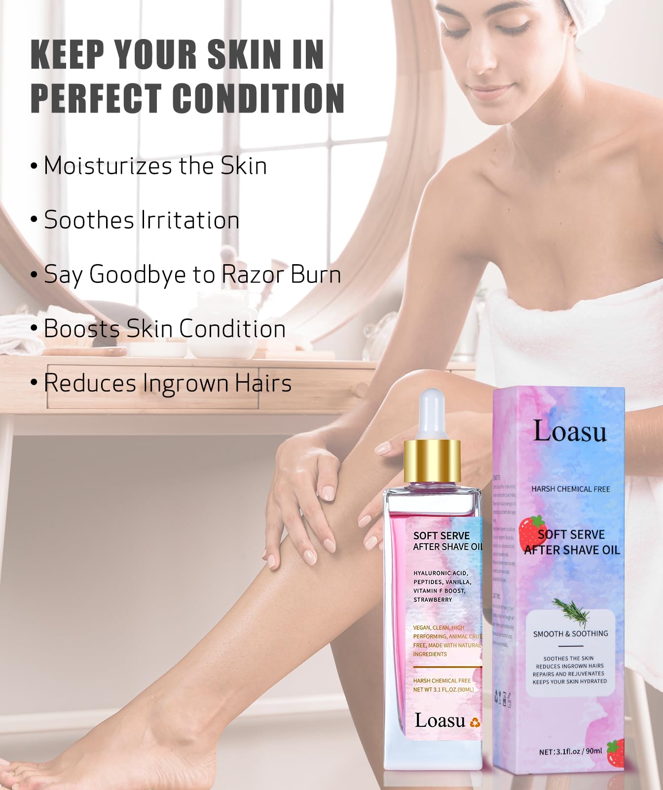 Loasu After Shave Oil for Women, Soft Serve After Shave Oil Strawberry & Vanilla Scent for Smooth Skin, Soothes, Hydrates & Prevents Ingrown Hairs