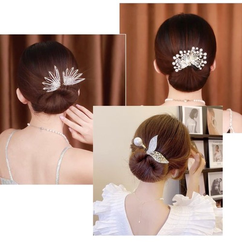 Ins Style Elegant Lazy Hair Curler, French Twist Hair Bun Maker, Lazy Flower Hairpin,Rhinestone Hand-Embroidered Flower Hair Accessory (2Pcs-Wings+Pearl)