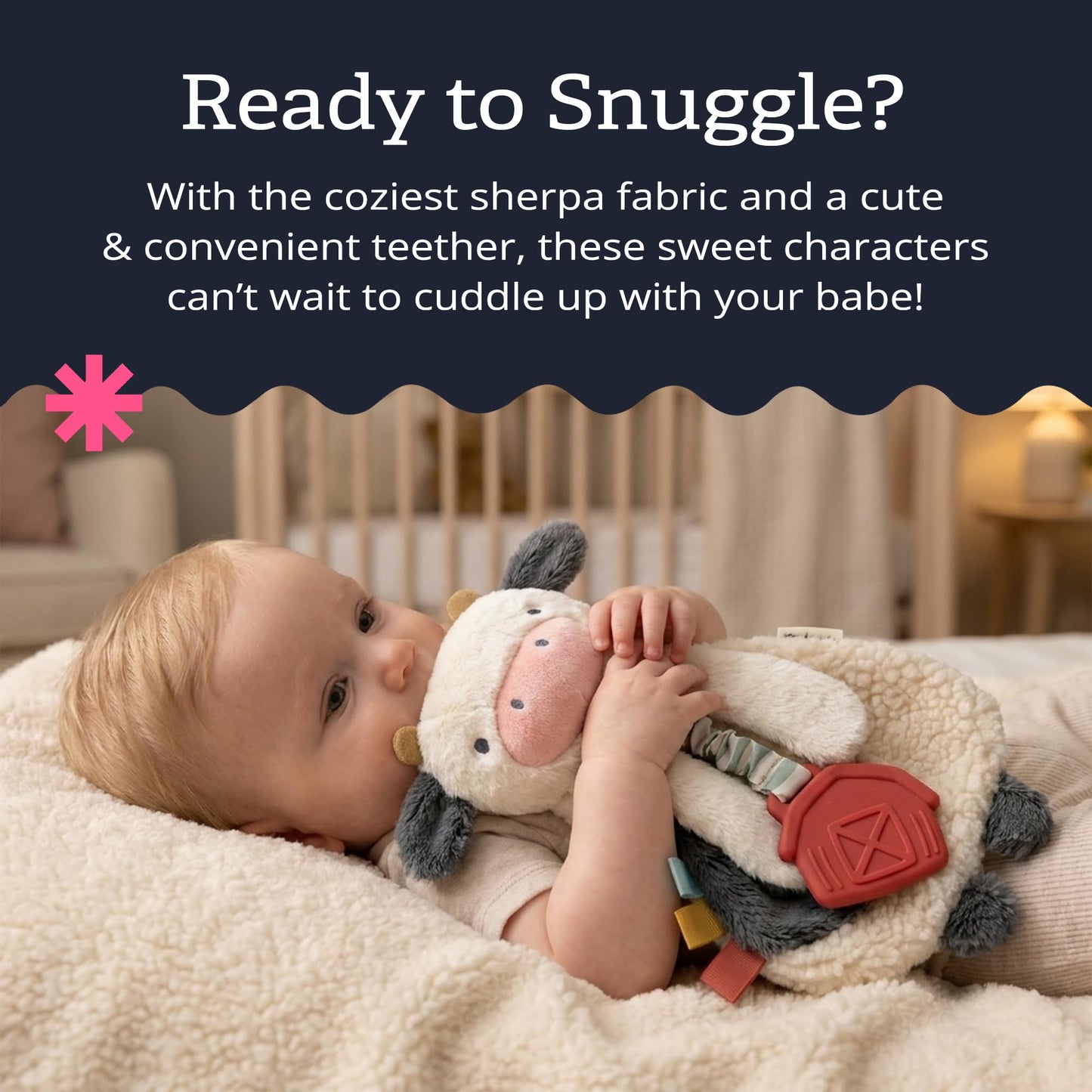 Itzy Ritzy - Itzy Lovey Including Teether - Baby Lovey with Teether, Textured Ribbons & Dangle Arms - Features Crinkle Sound, Sherpa Fabric and Minky Plush (Cow)