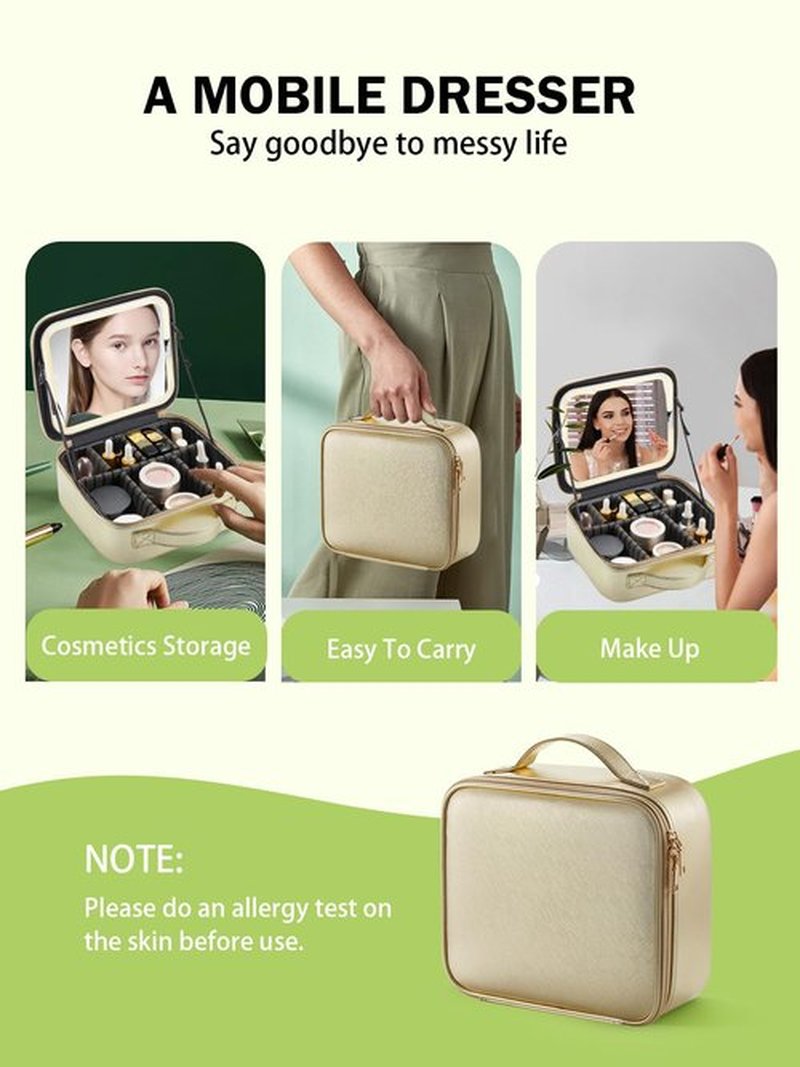 MIRRORNOVA Travel Makeup Bag with Lighted Mirror，Makeup Train Case with Adjustable Dividers and 3 Light Modes, PVC, Pale Gold