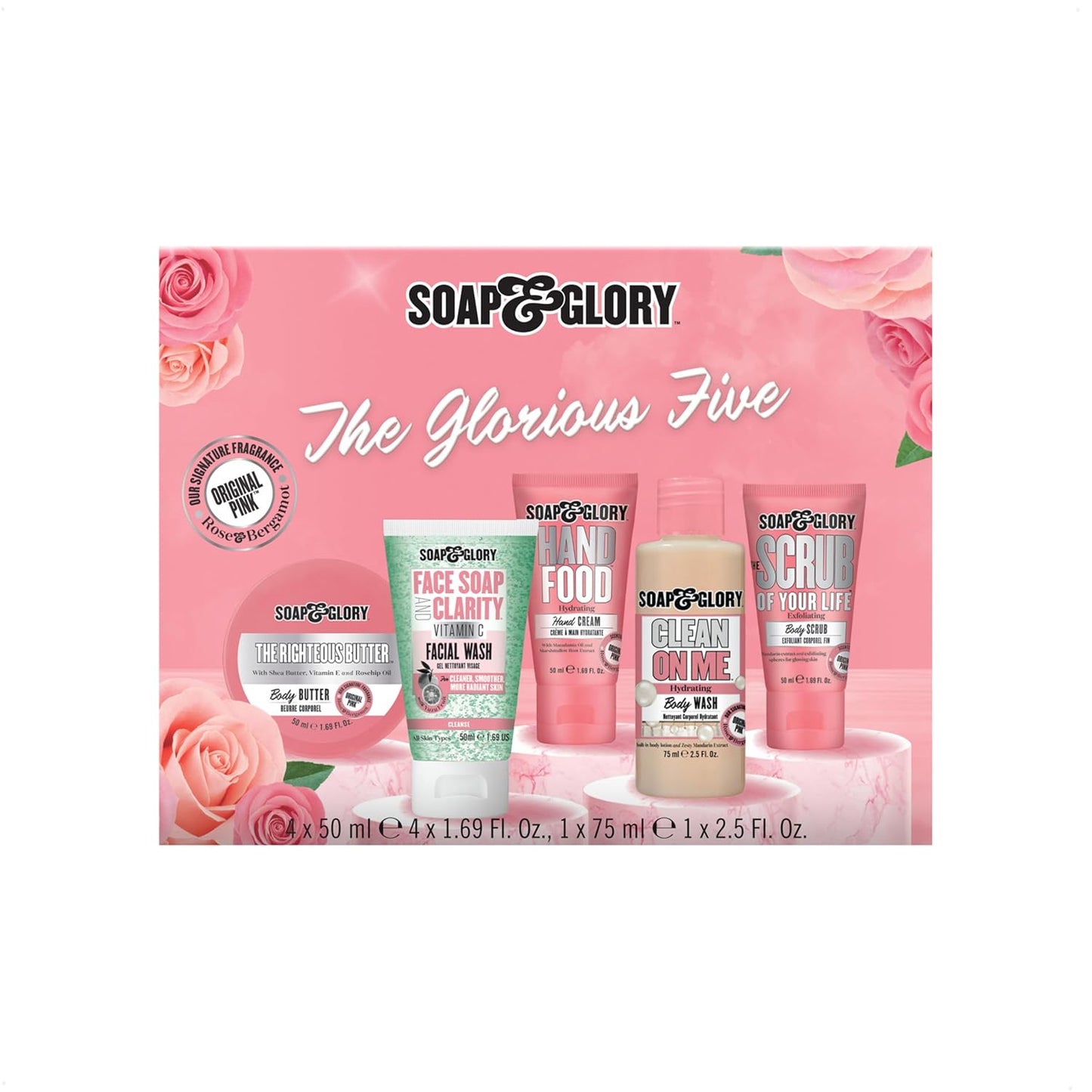 Soap & Glory Holiday Gift Set - Righteous Butter, Shower Gel, Scrub, Face Wash & Lip Gloss