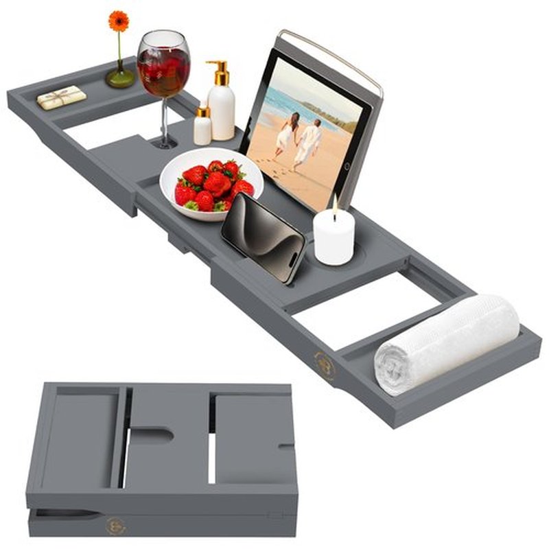 Bambüsi Bathtub Tray Table - Adjustable Bamboo Bathtub Caddy - Space-Saving Folding Bath Tub Tray - Wood Bathtub Accessories - Unique Gifts for Women or Men (Gray)