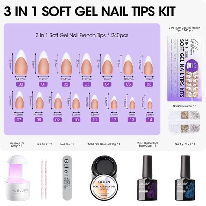 Gellen Brown Almond Press on Nails French Tip - French Tip Kit with Solid Nail Glue Gel and U V Light, Gel Top and Base Coat for Medium Almond Nail French Tips Kit for DIY
