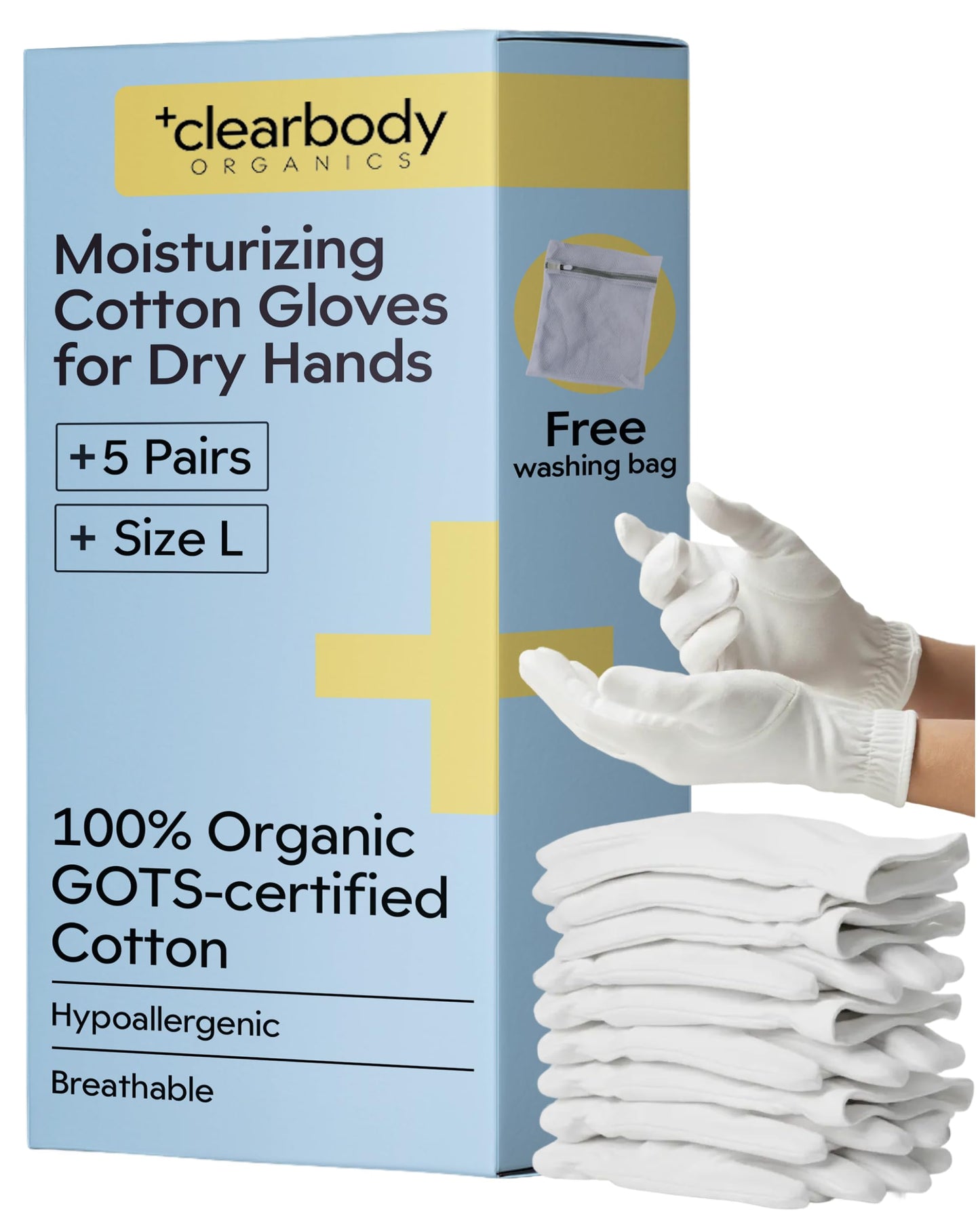 Clearbody Organics 100% Cotton Gloves for Dry Hands Sleeping, L, 5 Pairs