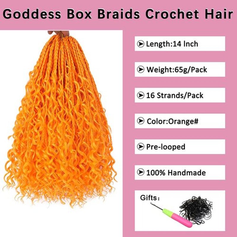 COOKOO 14 Inch Boho Box Braids Crochet Hair for Women 8 Packs Synthetic Bohemian Pre Looped Goddess Box Braids Crochet Hair Curly Ends Hippie Braiding Hair Extension (Orange#)