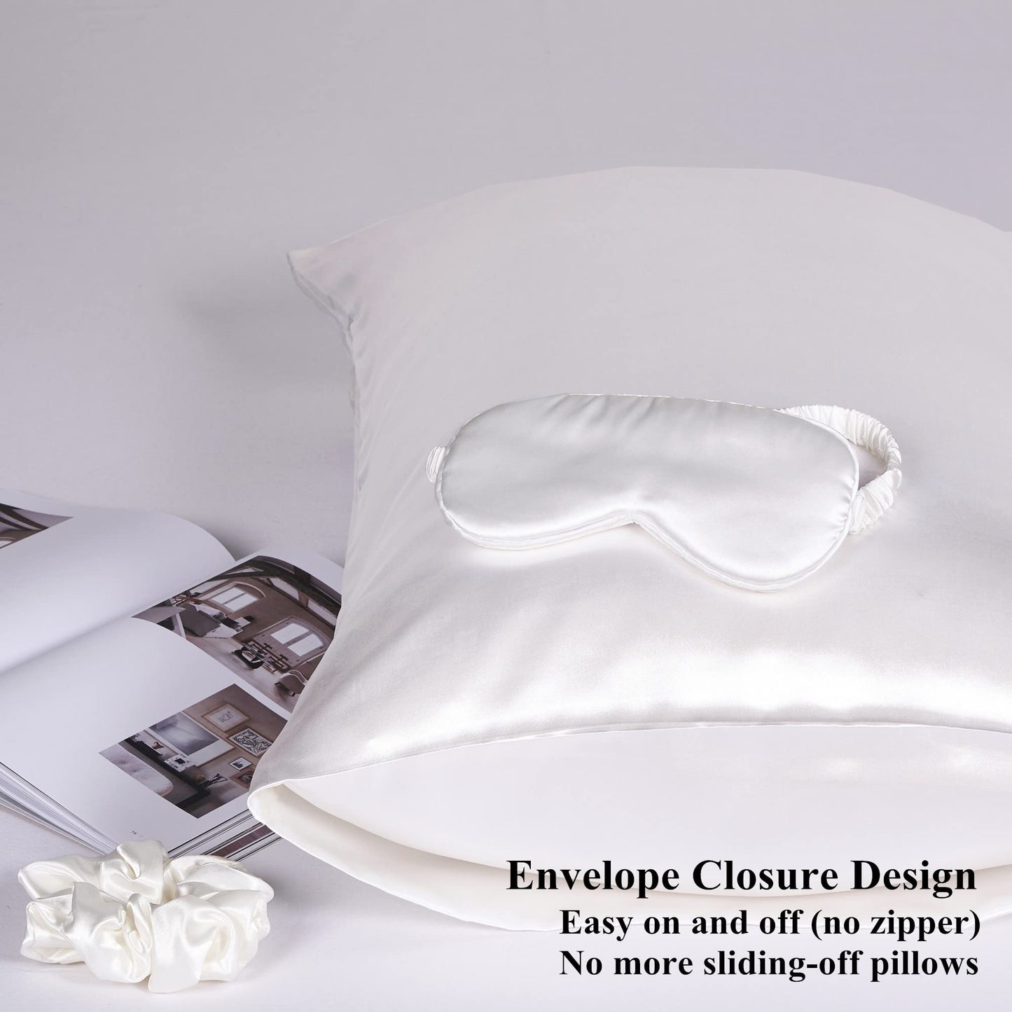 URLINENS Satin Pillowcase for Hair and Skin, Vegan Silk Pillowcase Set-2 Ivory Satin Pillowcases Queen Size, 1 Eye Mask, 1 Scrunchie-Luxury Sleep Set, White Pillow Cases with Envelope Closure