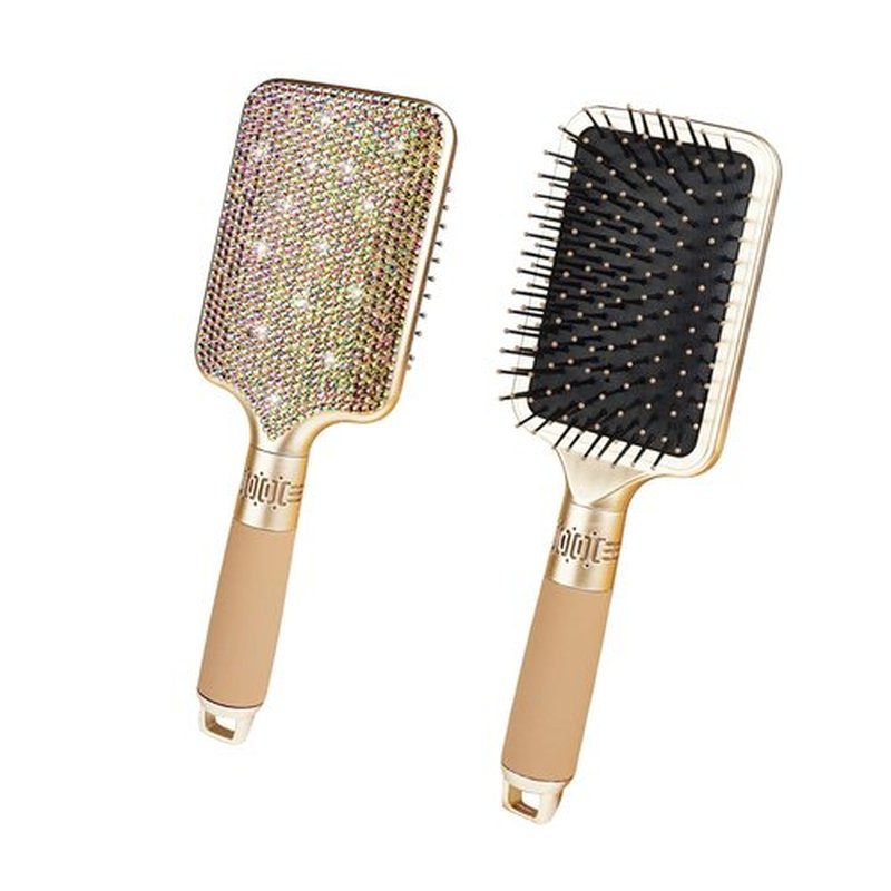 Hair Brush Detangles Instantly Removing Tangles, Knots, Fly Aways Exceptional Wig Brush For Hair Wraps & Weave Management Handmade Luxury Bling Crystal Paddle Brush Cute Rhinestone (Rose Gold)