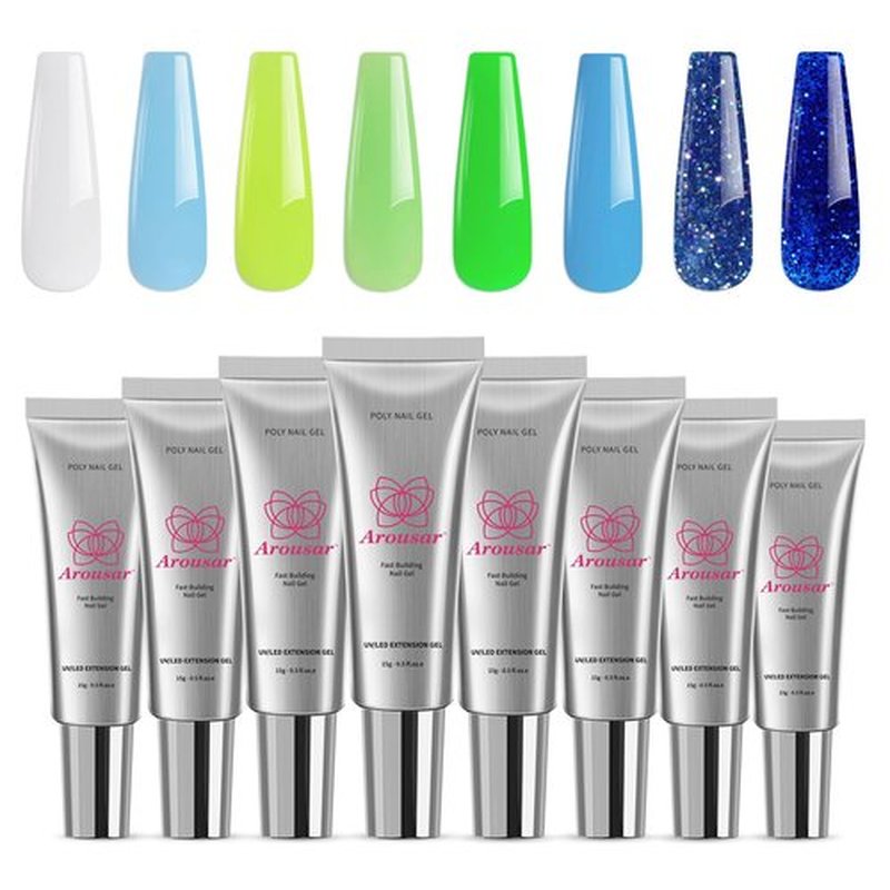 Arousar Poly Nail Gel Set, 8 Colors White Green Blue Nail Extension Gel for Beginners Professional, Builder Nail Gel Mother's Day Spring Summer DIY Design Nail Art Salon at Home