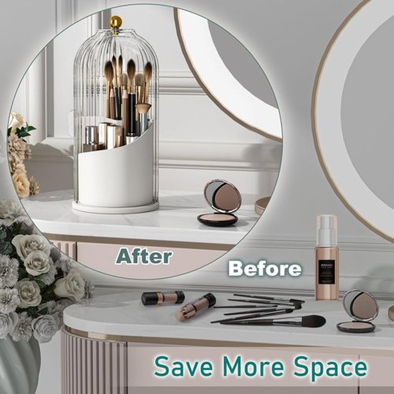 GAXmi Makeup Brush Holder with Lid Cosmetic Tools Organizer 360 Rotating Waterproof Dustproof Makeup Brushes Storage for Vanity, Transparent