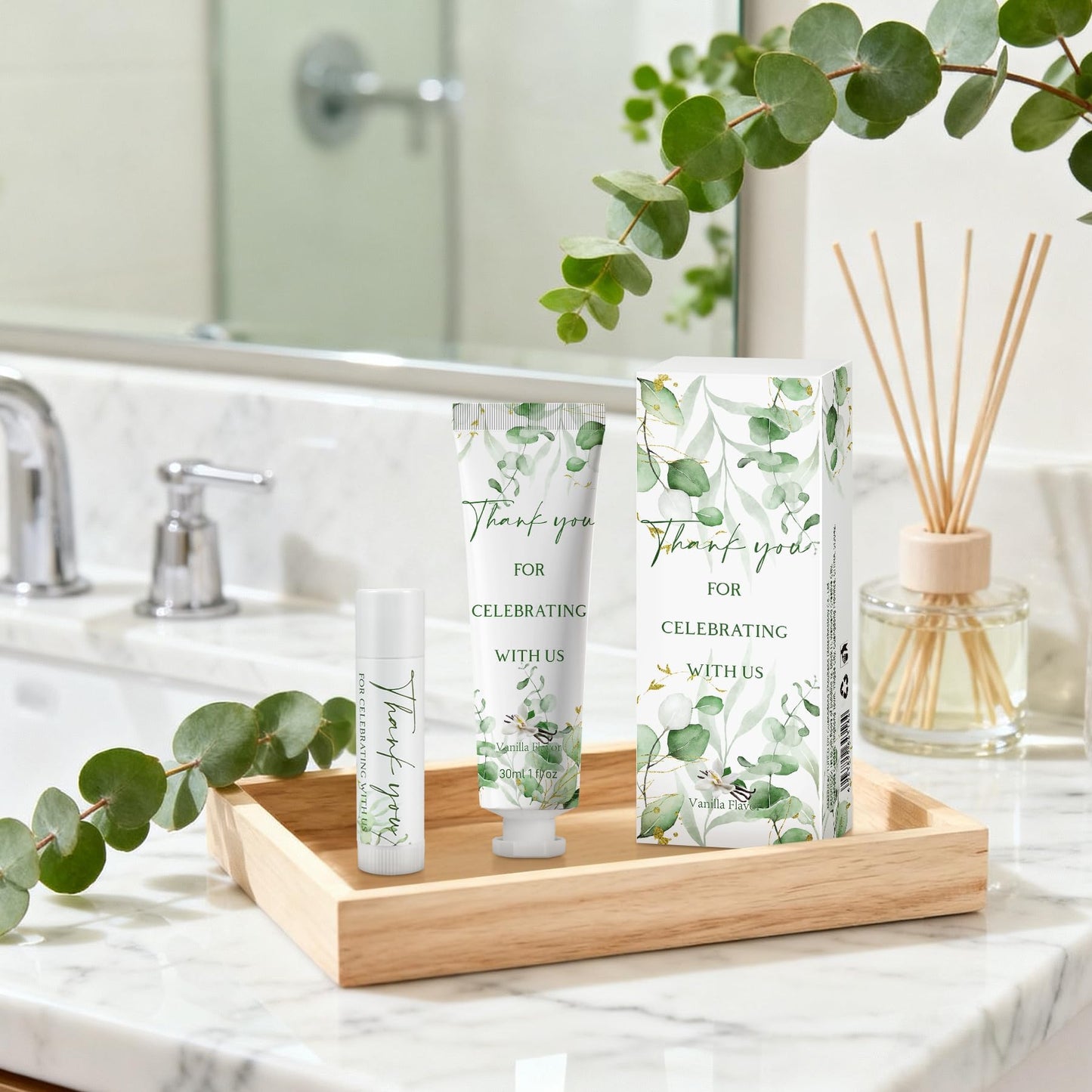 50 Sets Moisturizing Hand Cream Lip Balm Gift Kit for Wedding Return Thank You Welcome Gifts Sage Green Eucalyptus Leaf Theme Baby Shower Birthday Gifts Party Favors Games Prizes Winter Wedding Guests