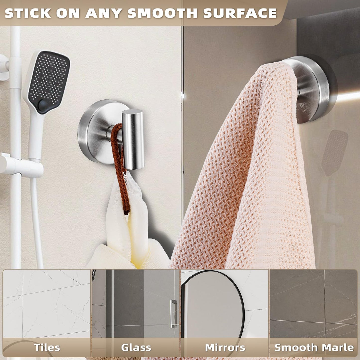 Fenas Suction Cup Hooks for Shower - Bathroom Reusable Hooks for Towels, Robes & Loofah - No-Drill Mounting on Kitchen,Walls,Metal,Glass,Mirrors,Tile & Smooth Non-Porous Surfaces (4, Brushed Nickel)