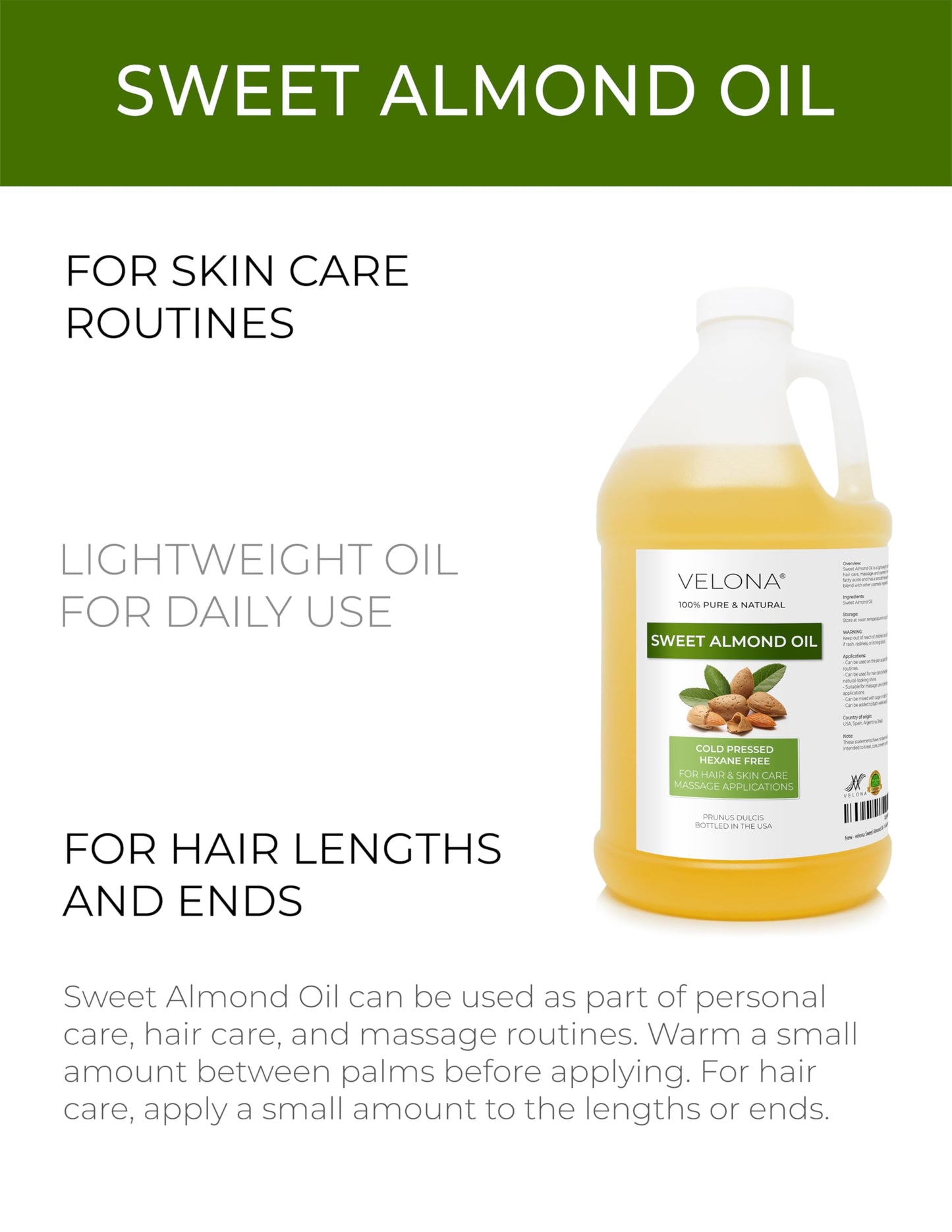 velona Sweet Almond Oil - 1 Gallon / 128 Fl Oz | 100% Pure and Natural Carrier Oil |Cold Pressed | Skin, Hair, Body & Face Moisturizing | Use Today - Enjoy Results…