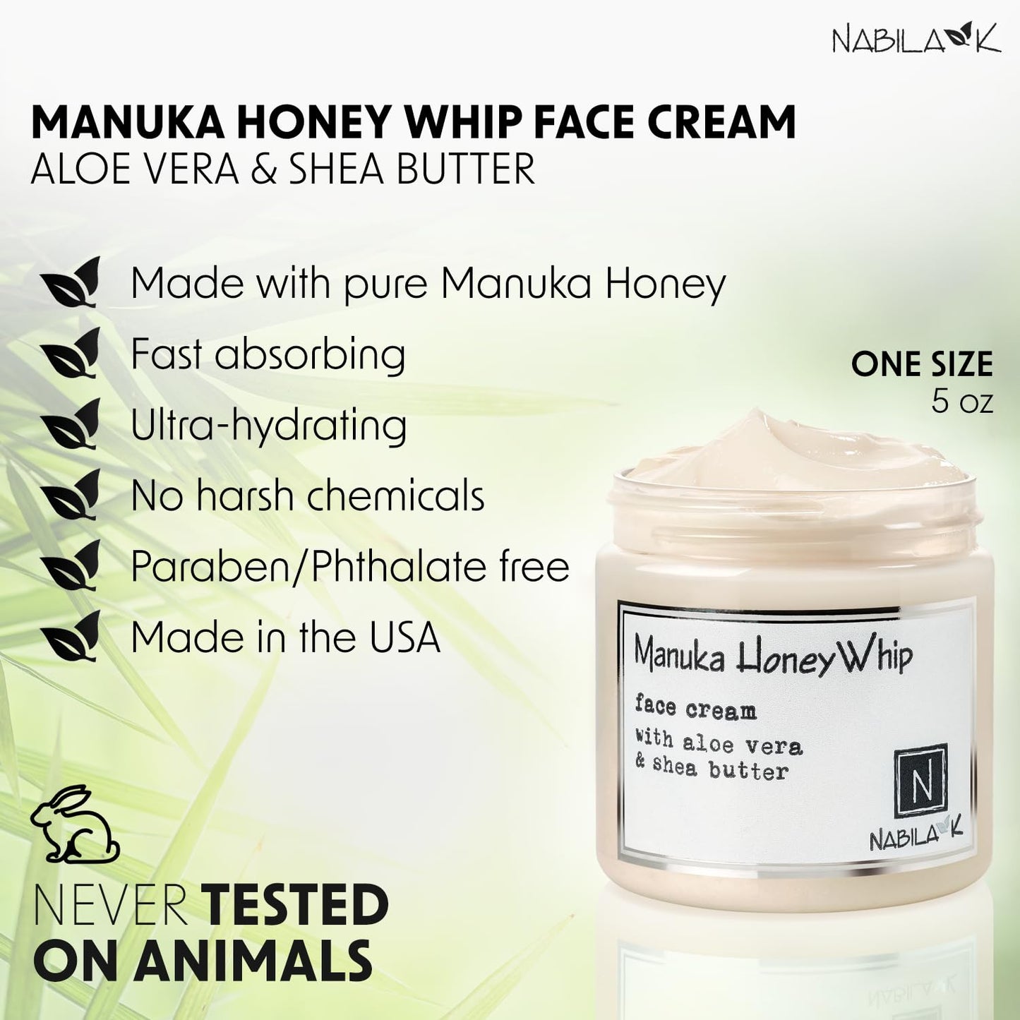 Nabila K - Manuka Honey Whip - Face Cream - Moisturizer - Aloe Vera & Shea Butter - Vitamin C - Vitamin B - Cruelty Free - Dry, Oily, or Sensitive Skin - Natural - Honey Fragrance - Made in USA - 5oz
