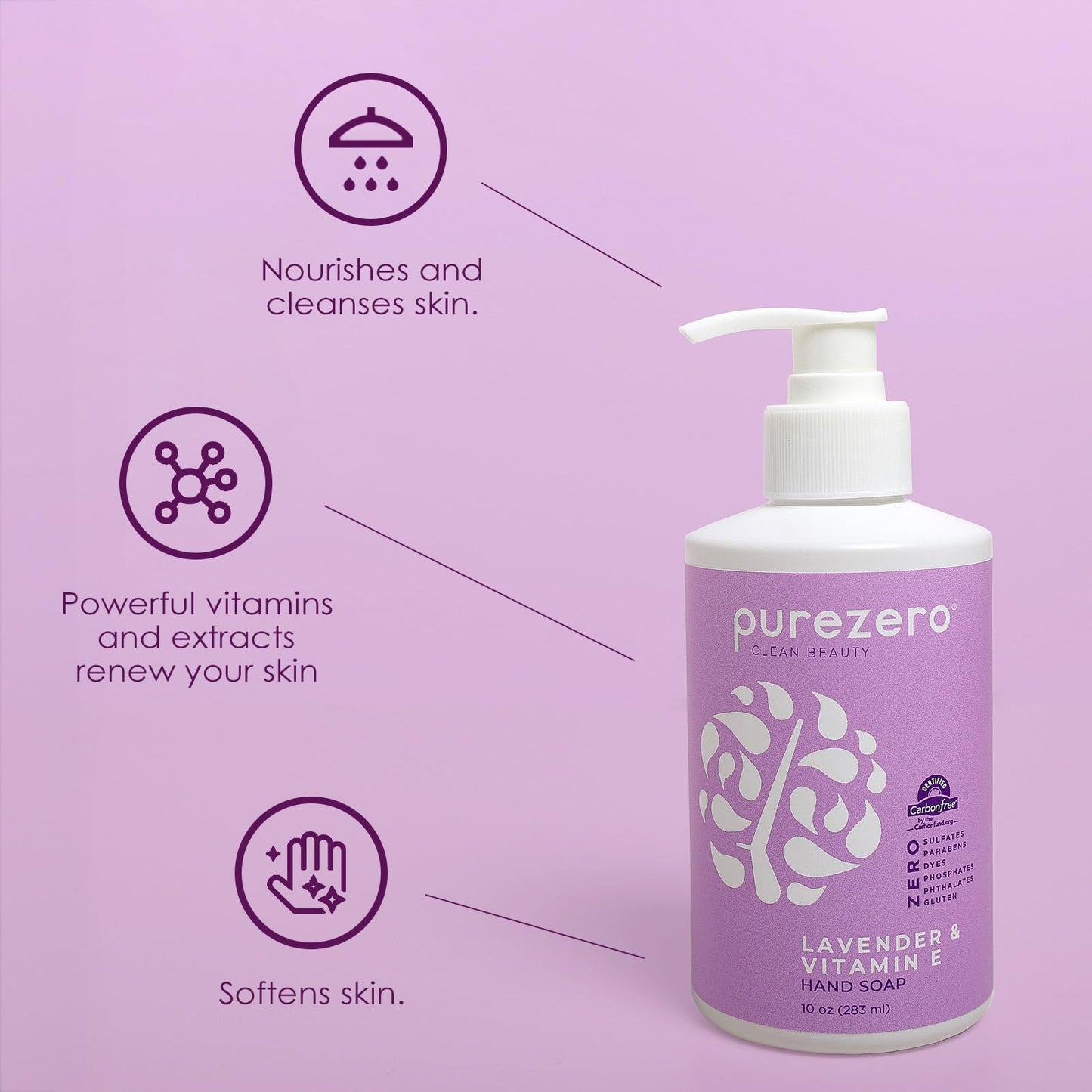 Purezero Lavender & Vitamin E Hand Soap Soothing & Hydrating, Paraben-Free & Vegan Liquid Hand Wash for Bathroom or Kitchen, USA-Made, Cruelty-Free, 10 ounces (1 Pack)
