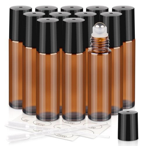 ZEJIA 10ml roller bottles for essential oils, 12 Pack Roll on Bottles, Amber Thick Glass Roller Bottles for Oils, with Stainless Steel Roller Balls, 2 Droppers